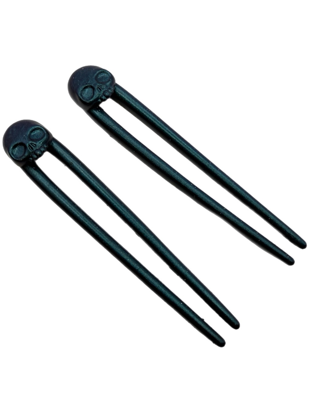 Set of Gothic Skull Hair Sticks – Iridescent Double‑Prong Resin Hairpins